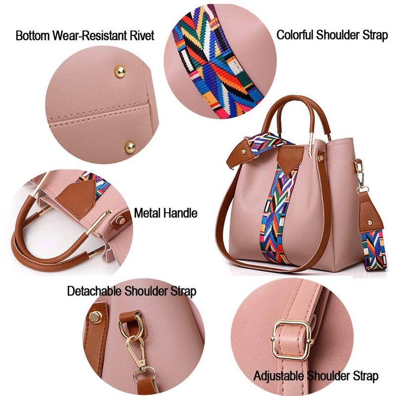 AlwaySky Women Handbag Set 4 in 1 Soft PU Leather Top Handle Bag, Tote Bag, Shoulder Bags Crossbody Bag Wallet Purse Set (Pink) - Image 3